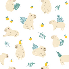 Seamless pattern with cute capybaras and tropical leaves