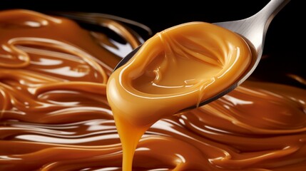 A close-up of a spoon digging into a creamy caramel swirl - obrazy, fototapety, plakaty