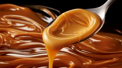 A close-up of a spoon digging into a creamy caramel swirl © ra0