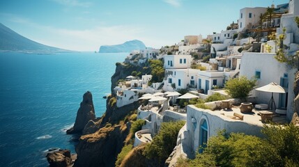 a coastal cliffside village, with whitewashed houses, dramatic cliffs, and the breathtaking views of the sea below