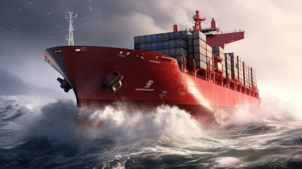power and resilience of maritime transport featuring massive container ships, tankers, and bulk carriers navigating challenging ocean conditions. - obrazy, fototapety, plakaty