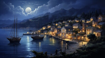 a coastal village at twilight, with harbor lights, a starry sky, and the enchanting beauty of maritime nights