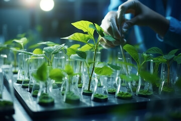 Science, environment and biotechnology concept. Growing and studying plants in laboratory. Generative AI