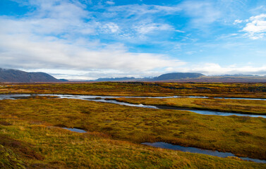 autumn nature environment. thingvellir autumn landscape. thingvellir national park in iceland. fall nature of icelandic landscape. thingvellir valley. Thingvellir Park river. river in autumn iceland