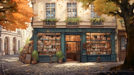 A cozy bookshop on a cobblestone street, its windows inviting passersby - obrazy, fototapety, plakaty