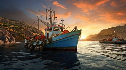 natural beauty of coastal life showcasing fishing boats, traditional wooden ships, and marine wildlife.
