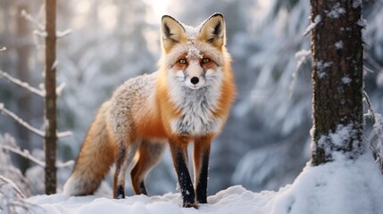 A curious red fox, its fiery fur a stark contrast to the snowy forest backdrop