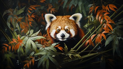 Naklejka premium A curious red panda exploring the treetops of a dense bamboo fores