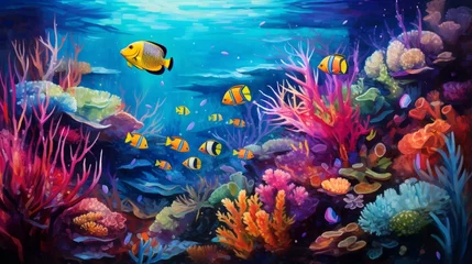 Fotobehang A dazzling school of tropical fish darting among vibrant coral formations © ra0