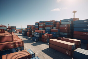 Transportation and business concept. A lot of cargo containers in ships industrial port dock. Generative AI