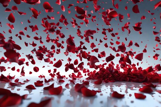  3D rendering of a cascade of red rose petals falling gently from above. Capture the mesmerizing beauty of the petals as they create a romantic and immersive scene