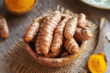 Fresh turmeric root in a bowl on a table