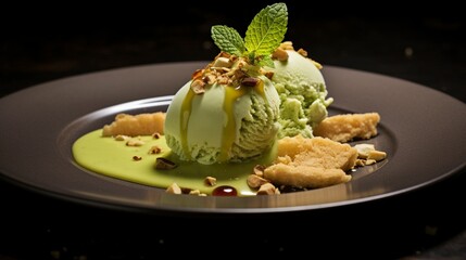 A dish of pistachio ice cream, adorned with crushed pistachio nuts