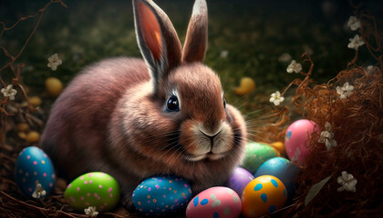 bunny with easter eggs. Generative AI,
