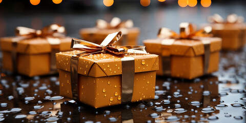 Viele schöne Weihnachtsgeschenke Boxen in braun mit gold Nahaufnahme in Querformat für Banner, ai generativ