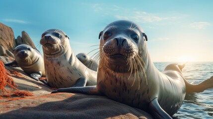 A group of playful seals basking on a rocky, sun-drenched coastline - Powered by Adobe