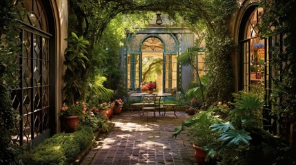 Fototapeta na wymiar A hidden courtyard garden, tucked away behind ornate wrought-iron gates