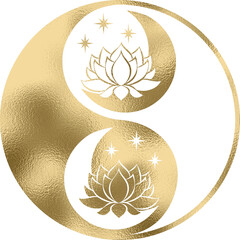 yin yang mit Lotusblume in gold mit transparentem Hintergrund  - obrazy, fototapety, plakaty