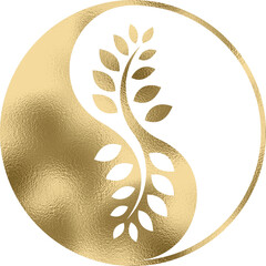 yin yang mit Pflanze in gold mit transparentem Hintergrund  - obrazy, fototapety, plakaty