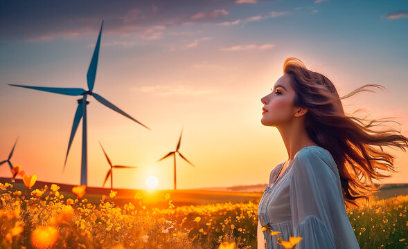Portrait of a beautiful girl in the field with wind turbines.