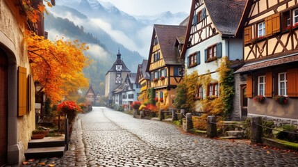 Fototapeta na wymiar a historic mountain village in the midst of a colorful autumn, with golden leaves, half-timbered houses, and the warm embrace of fall frozen