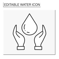  Drop line icon. Water substance. Water drop covered by hand. Nature. Eco system. Water concept. Isolated vector illustration. Editable stroke