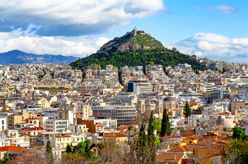 View of Lycabettus mount from Acropolis hill in Athens, Greece.