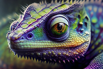 Purple chameleon close-up with big eye. Chameleon's head, digital illustration. Beautiful colorful skin in detail. Reptile portrait. Wild life in jungle. Image is AI generated.
