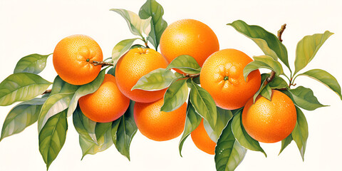 Waterloo illustration of fresh mandarins with green leaves isolated on white background