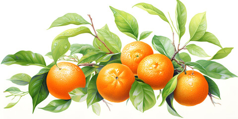 Waterloo illustration of fresh mandarins with green leaves isolated on white background