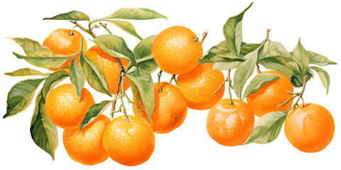Waterloo illustration of fresh mandarins with green leaves isolated on white background