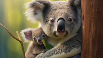 A mother koala cradling her baby in the crook of a eucalyptus tree