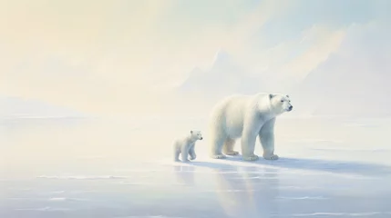 Wandcirkels tuinposter A mother polar bear and her cub, navigating a vast, pristine Arctic expanse © ra0