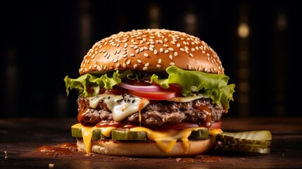 A mouthwatering cheeseburger, perfectly assembled with glistening ingredients
