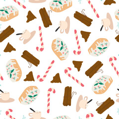 Christmas seamless pattern with Christmas cupcakes, candy, cinnamon and marshmallow drink on white background
