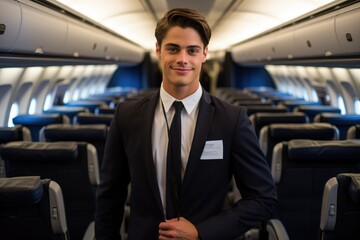 Smiling male flight attendant portrait standing in plane. Generative AI