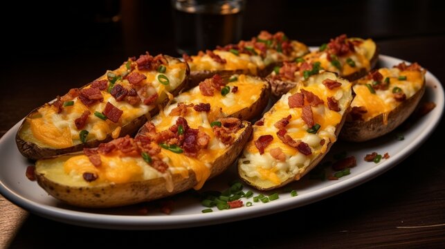 A Plate Of Loaded Potato Skins, Topped With Bacon And Cheddar