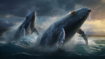 A pod of humpback whales breaching the surface in a dramatic ocean display - obrazy, fototapety, plakaty