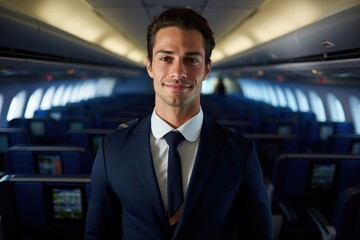 Smiling male flight attendant portrait standing in plane. Generative AI