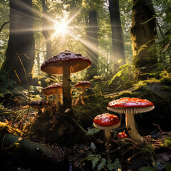fly agaric mushroom, mushrooms in the forest