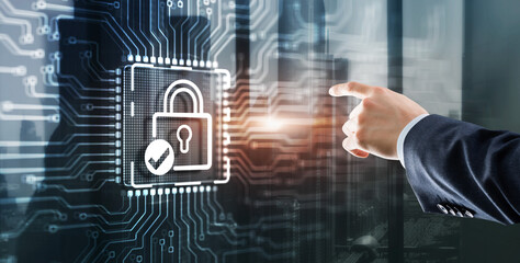 Businessman clicking on virtual screen Cyber Security Data Protection Business Privacy concept