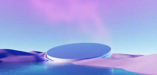 3d Render, Abstract Surreal pastel landscape background with arches and podium for showing product, panoramic view, Colorful dune scene with copy space, blue sky and cloudy, Minimalist decor design