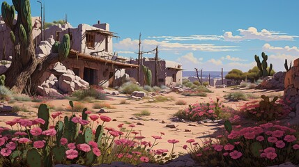 a remote desert village, with adobe structures, desert blooms, and the silent beauty of life in arid landscapes