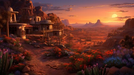 a remote desert village at sunset, with adobe architecture, desert flowers, and the silent beauty of life in arid landscapes