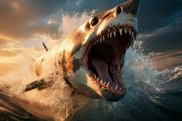 Fotobehang shark shark with big mouth attack in the ocean © ARAMYAN