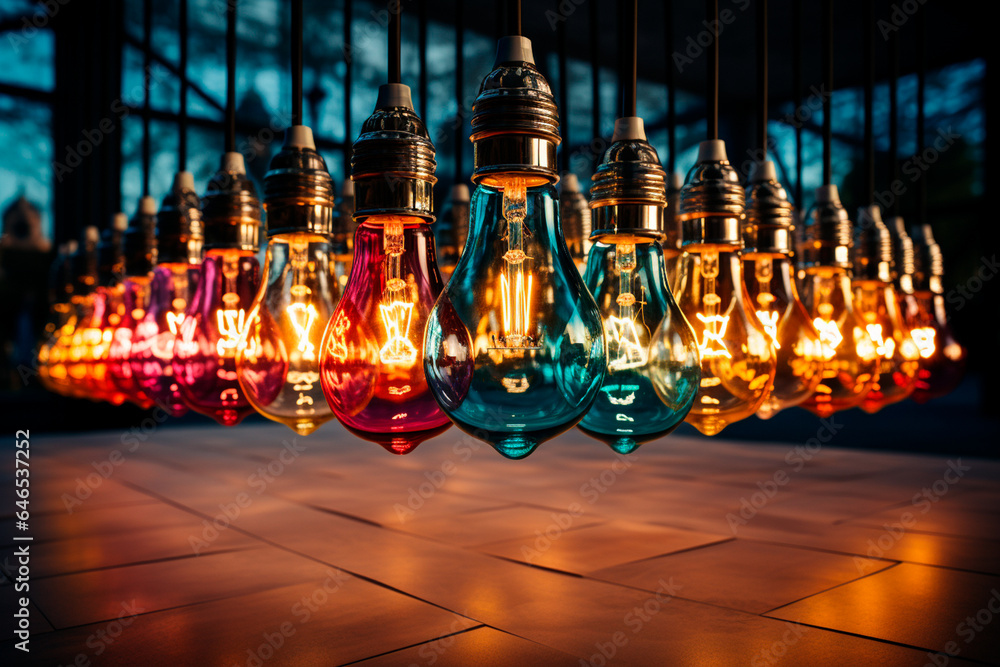 Sticker glowing led light bulbs on black background, close up