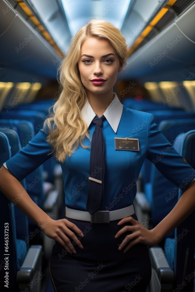 Wall mural beautiful stewardess, flight attendant standing in plane. generative ai