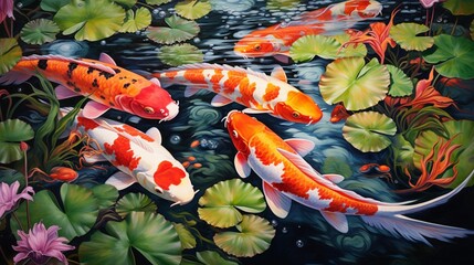 A serene koi pond, with vibrant fish gliding gracefully beneath lily pads - obrazy, fototapety, plakaty