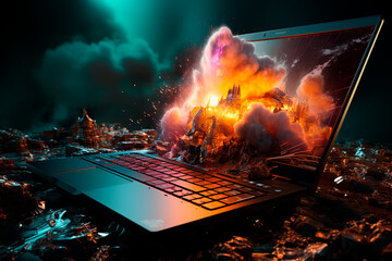 laptop with burning rocket. mixed media