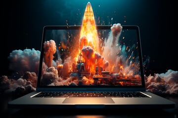 laptop with burning rocket. mixed media - obrazy, fototapety, plakaty